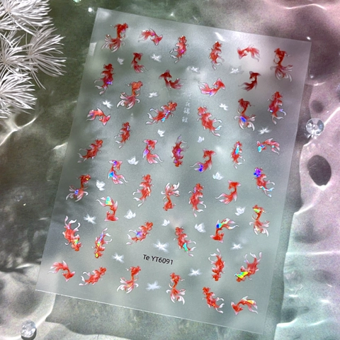 Chinesischer Stil Koi Goldfisch Nagelkunst-Aufkleber Süße Laser Holografische Lotus Muster DIY Maniküre Dekoration Für Damen