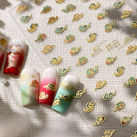 Autocollants de Nail Art Style Chinois Nuage de Bon Augure Relief 5D Auto-Adhésif Contour Doré Décalcomanies Femme DIY