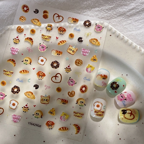 Sweet Cartoon Bread Toast Coffee Nail Art Stickers Cute Bakery Theme DIY Nail Decoration Decals For Women Manicure Jewelry