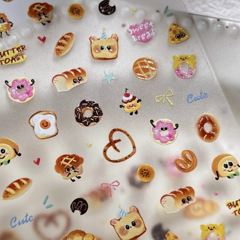 Sweet Cartoon Bread Toast Coffee Nail Art Stickers Cute Bakery Theme DIY Nail Decoration Decals For Women Manicure Jewelry