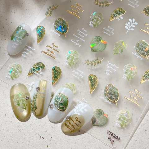 Goldfolie Muschelglanz Blatt Nagelaufkleber Sommer Frisch Grüne Blätter Englische Zitate Dekorative Nagelsticker YT6204 Pro