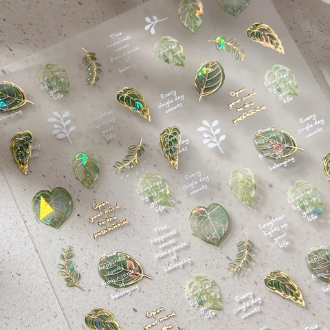 Goldfolie Muschelglanz Blatt Nagelaufkleber Sommer Frisch Grüne Blätter Englische Zitate Dekorative Nagelsticker YT6204 Pro