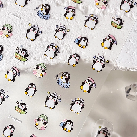 Süße Cartoon Pinguin 5D Geprägt Nagelaufkleber YT6262 DIY Maniküre Dekoration Für Damen Mädchen Transparente Nagel Decals