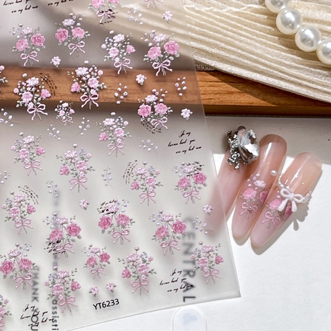 5D Geprägte Rose Blume Nagelaufkleber Süße Rosa Schleife Florale Nagel Decals Relief Maniküre Dekoration YT6233