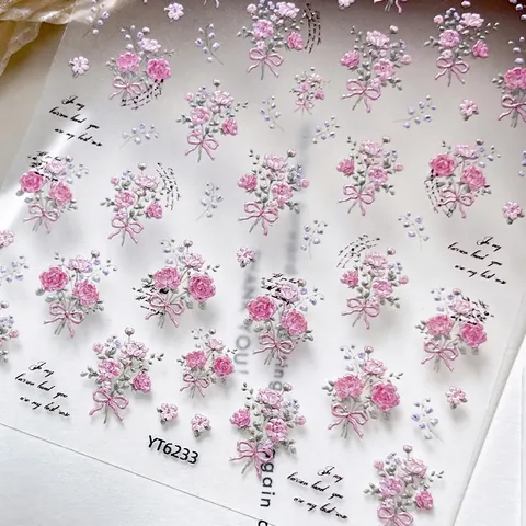 5D Geprägte Rose Blume Nagelaufkleber Süße Rosa Schleife Florale Nagel Decals Relief Maniküre Dekoration YT6233