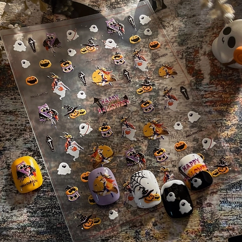 Halloween 5D Geprägte Nagelaufkleber Lustiger Dunkler Stil Kürbis Geist Hexe Eule Sarg Selbstklebende Nail Art Dekoration
