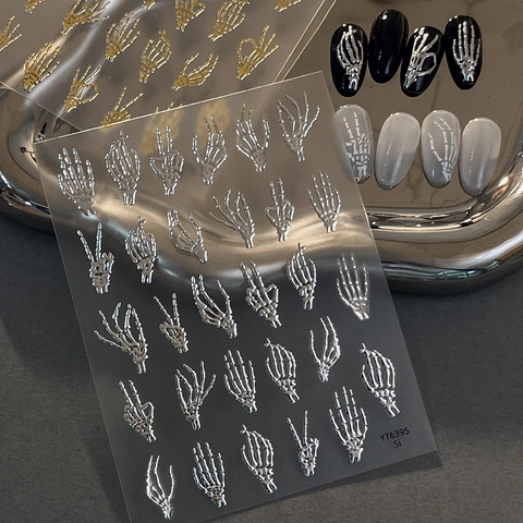 3D Embossed Skeleton Hand Nail Art Stickers Halloween Gothic Metallic Gold Silver Black White Adhesive Decals Decor