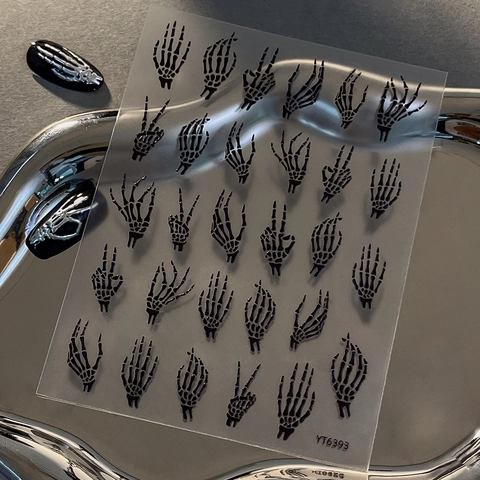 3D Embossed Skeleton Hand Nail Art Stickers Halloween Gothic Metallic Gold Silver Black White Adhesive Decals Decor