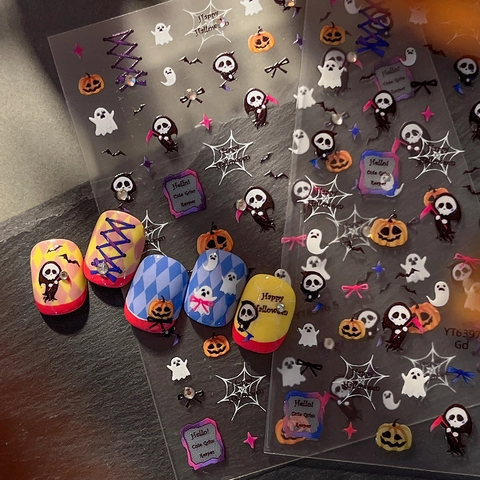 Halloween Autocollants Ongles Relief Faucheuse Mignonne Citrouille Fantôme Chauve-Souris DIY Adhésif Manucure Décoration Pour Femmes