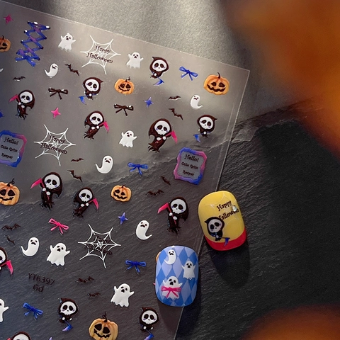 Halloween Autocollants Ongles Relief Faucheuse Mignonne Citrouille Fantôme Chauve-Souris DIY Adhésif Manucure Décoration Pour Femmes