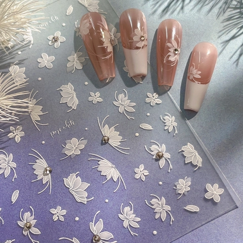 5D Relief White Flower Butterfly Nail Art Stickers With Rhinestones 3D Embossed Self Adhesive Nail Art Decals For Women DIY Decoration