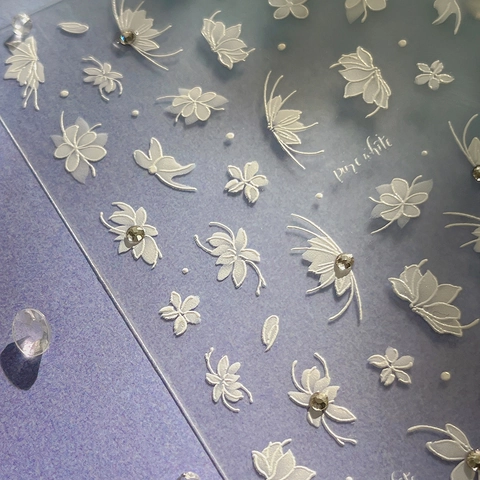 5D Relief White Flower Butterfly Nail Art Stickers With Rhinestones 3D Embossed Self Adhesive Nail Art Decals For Women DIY Decoration