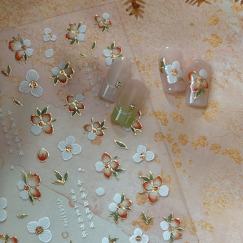 Pegatinas para Uñas en Relieve 5D Estilo Chino Estampado en Oro Flor Calcomanías Autoadhesivas Decoración Manicura para Mujer