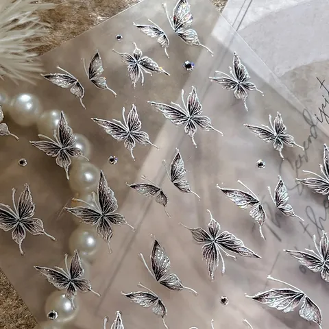 Pegatinas de Uñas de Mariposa en Relieve 3D Plata Láser Holográfica Textura Metálica Calcomanías Adhesivas Joyería DIY