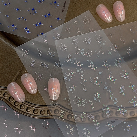 3D Holographic Star Nail Art Stickers Laser Silver Blue Purple Cross Sparkle Pattern DIY Manicure Decoration Decals Women