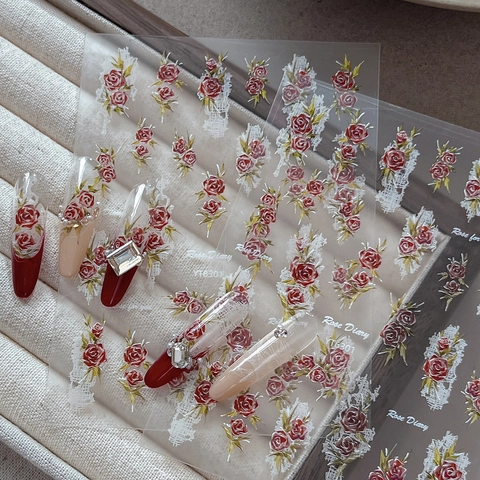 5D Embossed Red Rose Nail Stickers Vintage White Lace Flower Design 3D Self Adhesive Manicure Decals For Women DIY Nail Art