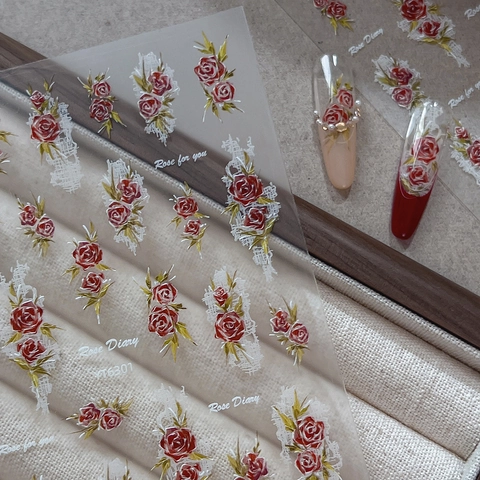 5D Embossed Red Rose Nail Stickers Vintage White Lace Flower Design 3D Self Adhesive Manicure Decals For Women DIY Nail Art