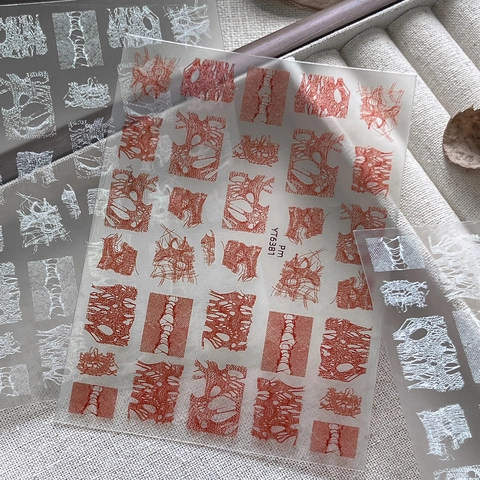 Abstract Texture Nail Art Stickers Vintage Distressed Lace Pattern White Red DIY Manicure Decoration For Women Girls