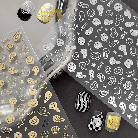 Reliëf Bronzing Smeltend Lachend Gezicht Nagelstickers Metalen Ster Hart Letter Patroon Luxe Mode DIY Nagelkunst Decoratie