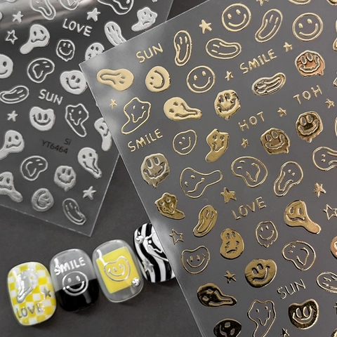 Reliëf Bronzing Smeltend Lachend Gezicht Nagelstickers Metalen Ster Hart Letter Patroon Luxe Mode DIY Nagelkunst Decoratie