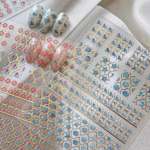 5D Relief Bohemian Flower Shell Nail Art Stickers Retro Embossed Starfish Gold Silver Bronzing Decals For Women DIY Manicure