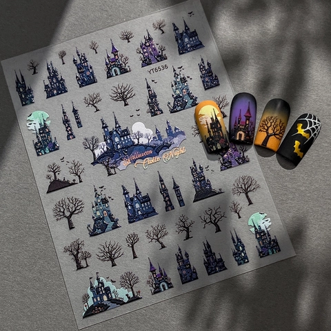 5D Relief Halloween Nagelaufkleber Dunkel Gothik Schloss Fledermaus Mond Toter Baum Maniküre Dekorationen Für Damen DIY Nägel