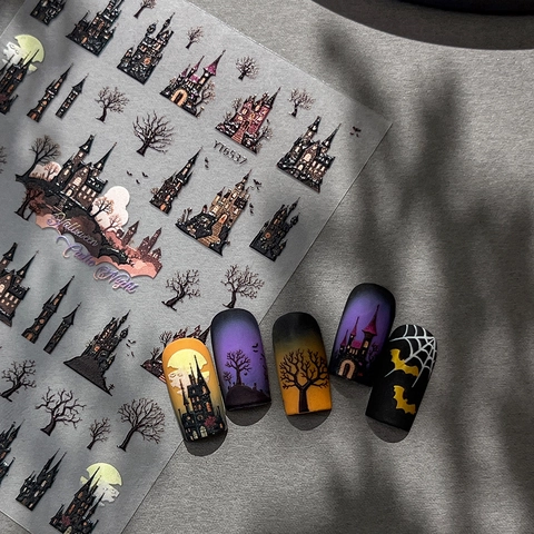 5D Relief Halloween Nagelaufkleber Dunkel Gothik Schloss Fledermaus Mond Toter Baum Maniküre Dekorationen Für Damen DIY Nägel