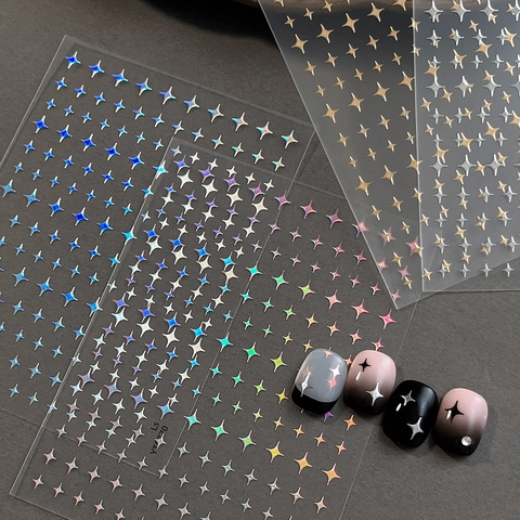 Nail Art Stickers Star Sparkle Four Pointed Star Design Ultra Thin Self Adhesive Holographic Gold Silver Nail Decoration For Women