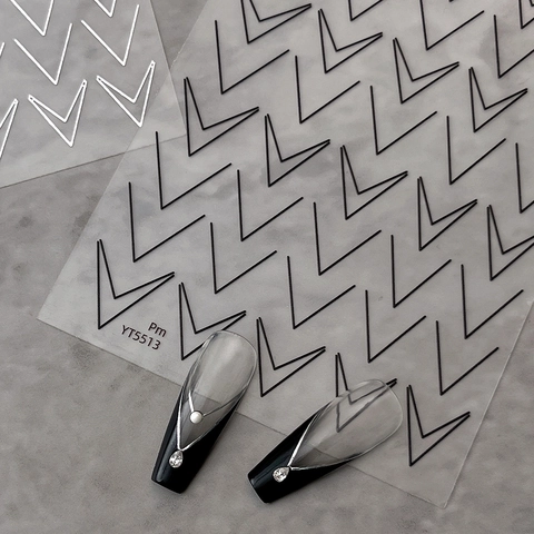 Metallic V-Shape Geometric Line Nail Art Stickers French Style Gold Silver Black White DIY Manicure Decoration Decals