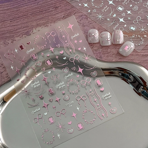 Metallic 3D Relief Nail Art Stickers Cute Bow Heart Star Cat Pattern Self Adhesive Metallic Decals For Women Manicure