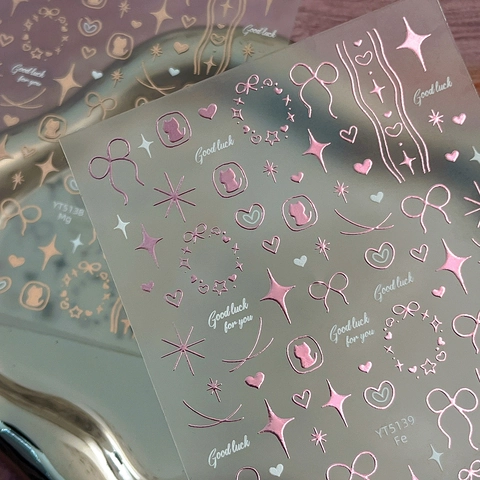 Metallic 3D Relief Nail Art Stickers Cute Bow Heart Star Cat Pattern Self Adhesive Metallic Decals For Women Manicure
