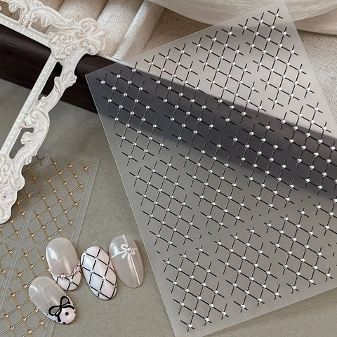 3D Grid Nail Art Stickers Metallic Diamond Checkered Nail Decals With Studs For Women DIY Manicure Decoration