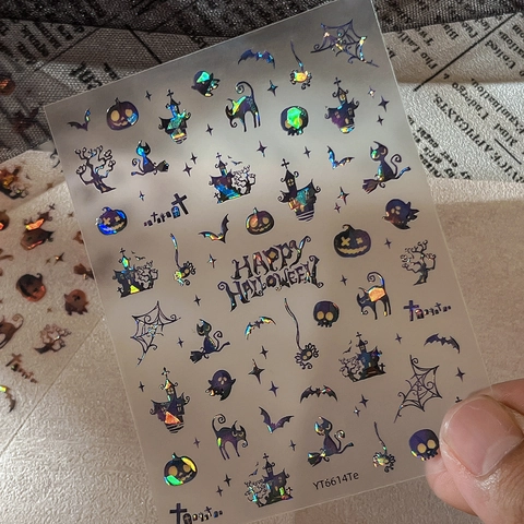 Halloween Holographic Laser Nail Art Stickers Pumpkin Ghost Bat Patterns DIY Self Adhesive Nail Decals For Party Women