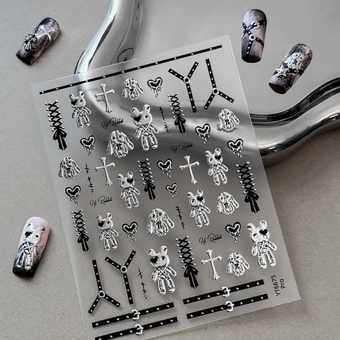 Pegatinas Uñas 3D Gothic Punk Plateado Metálico Patrones Conejo Cruz Corazón Estilo Y2K Relieve Decoración Manicura DIY
