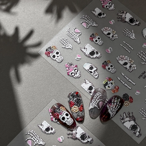 3D Geprägt Halloween Nagelaufkleber Gothic Totenkopf Rose Knochen Herz Muster Selbstklebend Decals Für Damen Maniküre Party