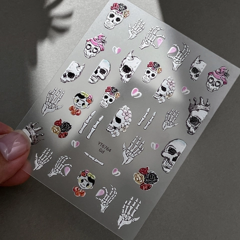 3D Geprägt Halloween Nagelaufkleber Gothic Totenkopf Rose Knochen Herz Muster Selbstklebend Decals Für Damen Maniküre Party