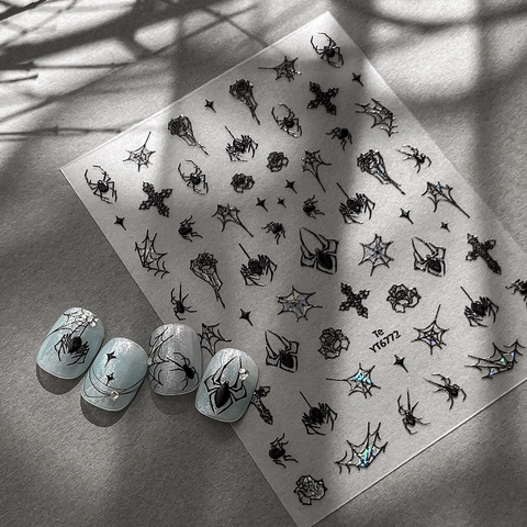Gothic Spinne Netz Nagelaufkleber Halloween 3D Geprägt Dunkler Stil DIY Nagelsticker Spooky Rose Kreuz Stern Muster