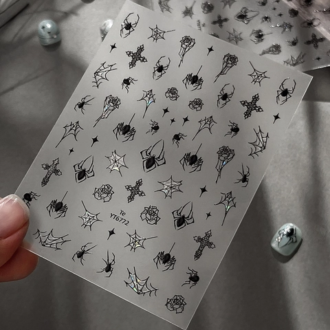 Gothic Spinne Netz Nagelaufkleber Halloween 3D Geprägt Dunkler Stil DIY Nagelsticker Spooky Rose Kreuz Stern Muster
