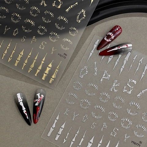5D Embossed Halloween Nail Stickers White Bone Skeleton Vampire Teeth Alphabet Gothic Self Adhesive Manicure Decals Decoration