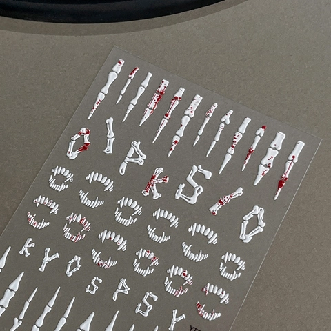 5D Embossed Halloween Nail Stickers White Bone Skeleton Vampire Teeth Alphabet Gothic Self Adhesive Manicure Decals Decoration