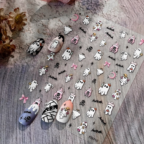 Halloween 5D Embossed Ghost Nail Art Stickers Cute Bat Skull Pink Bow Moon Self Adhesive DIY Manicure Decals For Women