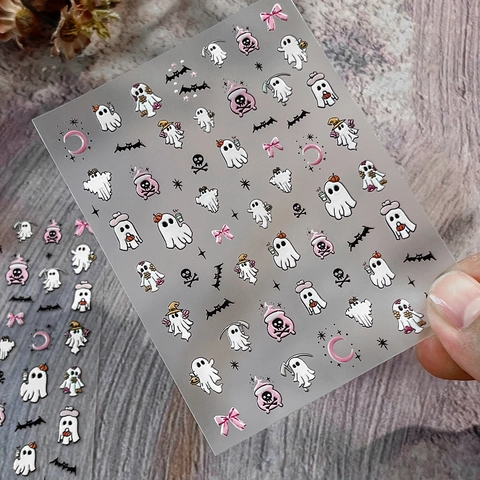 Halloween 5D Embossed Ghost Nail Art Stickers Cute Bat Skull Pink Bow Moon Self Adhesive DIY Manicure Decals For Women