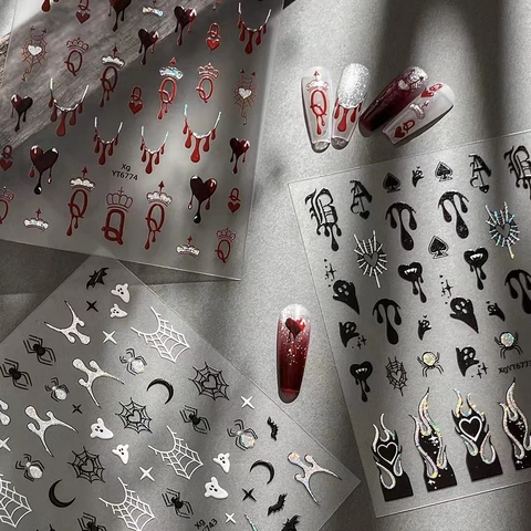 Gothic Halloween Nail Art Stickers 3D Relief Ghost Spider Web Heart Design Dark Punk Manicure Decals For Women Holiday DIY Decoration