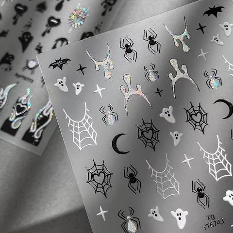 Gothic Halloween Nail Art Stickers 3D Relief Ghost Spider Web Heart Design Dark Punk Manicure Decals For Women Holiday DIY Decoration