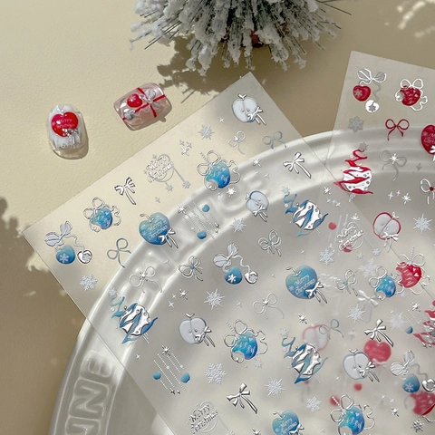 5D Relief Weihnachten Nagelkunst-Sticker Silberfolie Schleife Schneeflocke Apfel Rot Blau Festlich Winter Selbstklebend Nagel Dekor