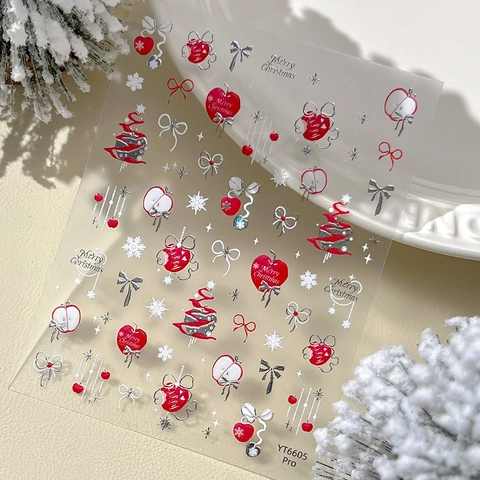 5D Relief Weihnachten Nagelkunst-Sticker Silberfolie Schleife Schneeflocke Apfel Rot Blau Festlich Winter Selbstklebend Nagel Dekor