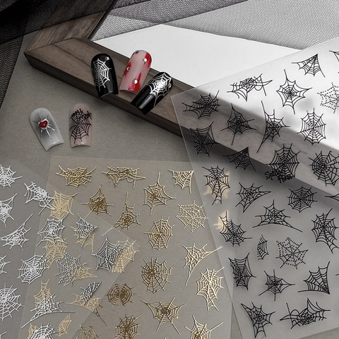 Halloween Spider Web Nail Art Stickers 3D Embossed Relief Gold Silver Black White Gothic Nail Decals For Women DIY Manicure Decoration