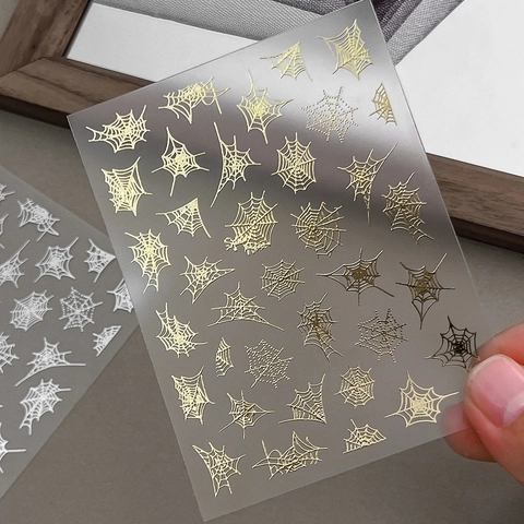 Halloween Spider Web Nail Art Stickers 3D Embossed Relief Gold Silver Black White Gothic Nail Decals For Women DIY Manicure Decoration