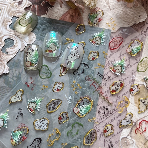Vintage Dali Melting Clock Christmas Tree Nail Stickers Retro Gold Silver Foil Merry Christmas Festive Manicure Decals
