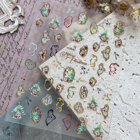 Vintage Dali Melting Clock Christmas Tree Nail Stickers Retro Gold Silver Foil Merry Christmas Festive Manicure Decals